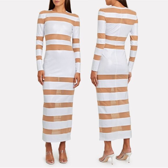 NORMA KAMALI Splice Striped Sheer Knit Midi Dress In White Long Sleeves Size S - Picture 1 of 11